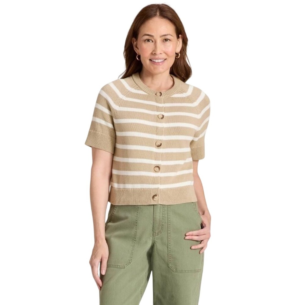 Universal Thread Women's Tan Striped Short Sleeve Cardigan Sweater Size S